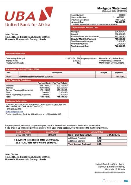 Download Liberia United Bank for Africa Liberia mortgage statement Word and PDF template Photoshop template